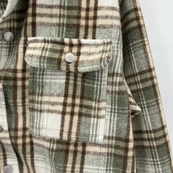 CALI 1850 Womens Plaid Flannel Shacket Large Green Ivory Brown Boxy Oversized - Picture 6 of 9